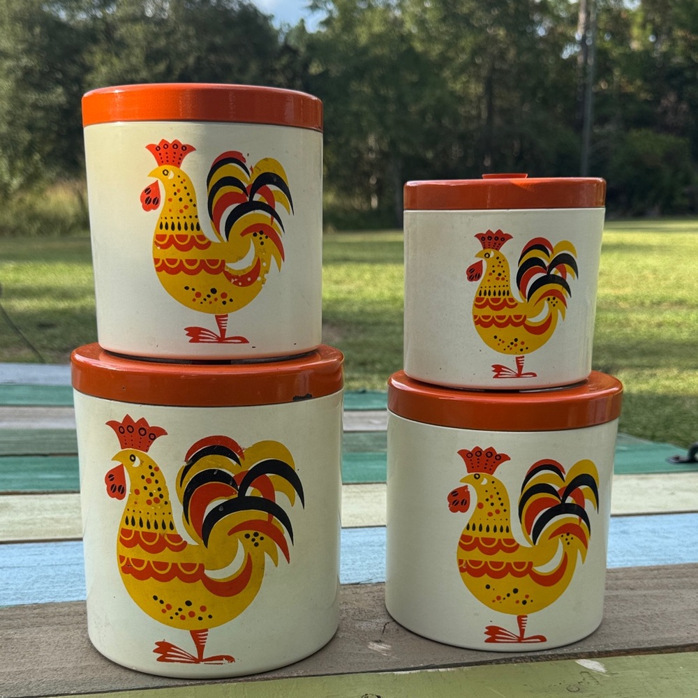 SOLD***Retro Rooster Kitchen Canister Set in Orange and White